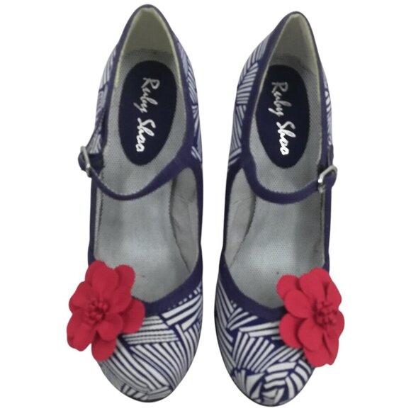 Ruby Shoo Mary Jane Heel Shoes Size EU 38 US 7 Red Flower Retro Geometric - Picture 8 of 12